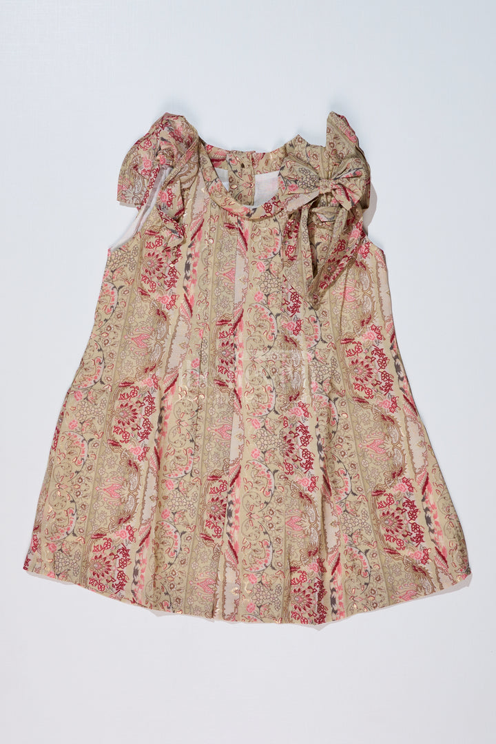 Girls Normal Frock in Muslin Silk with Floral Embellishment and Shoulder Bow