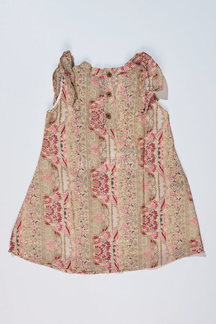 Girls Normal Frock in Muslin Silk with Floral Embellishment and Shoulder Bow