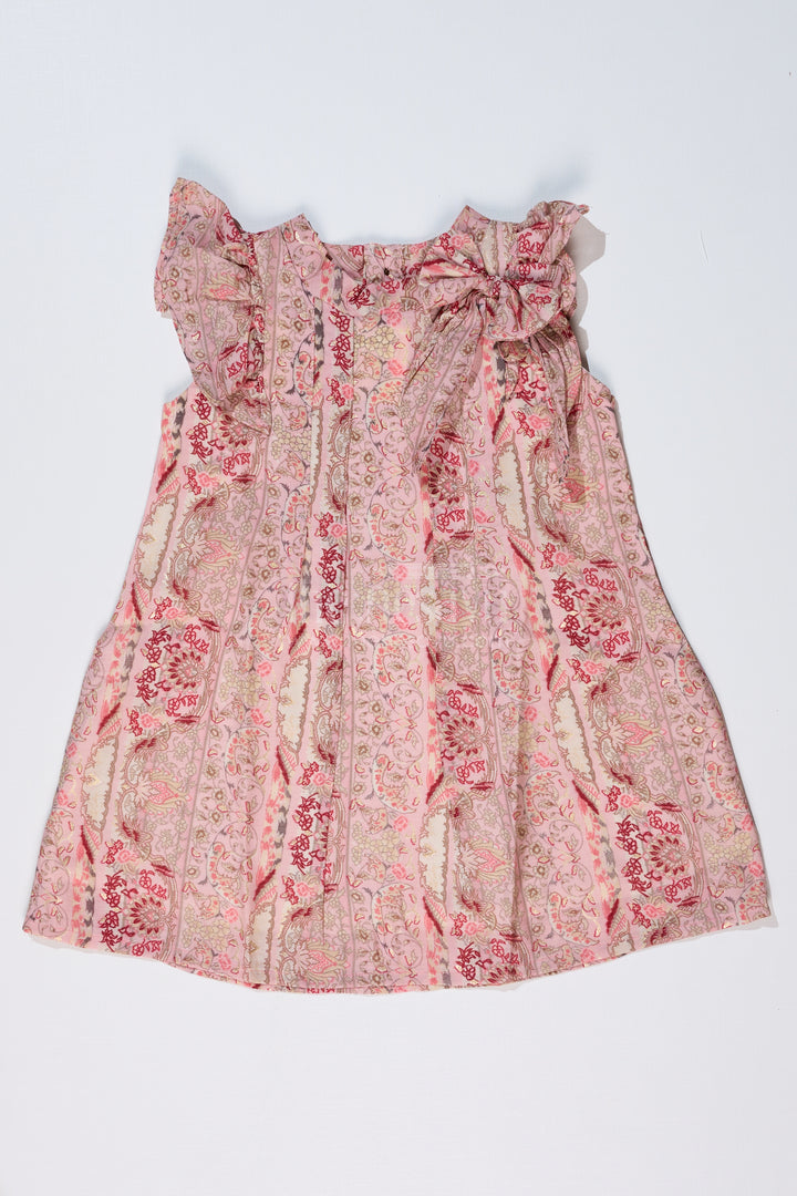 Girls Readymade Frock in Muslin Silk with Elegant Floral Design and Shoulder Bow