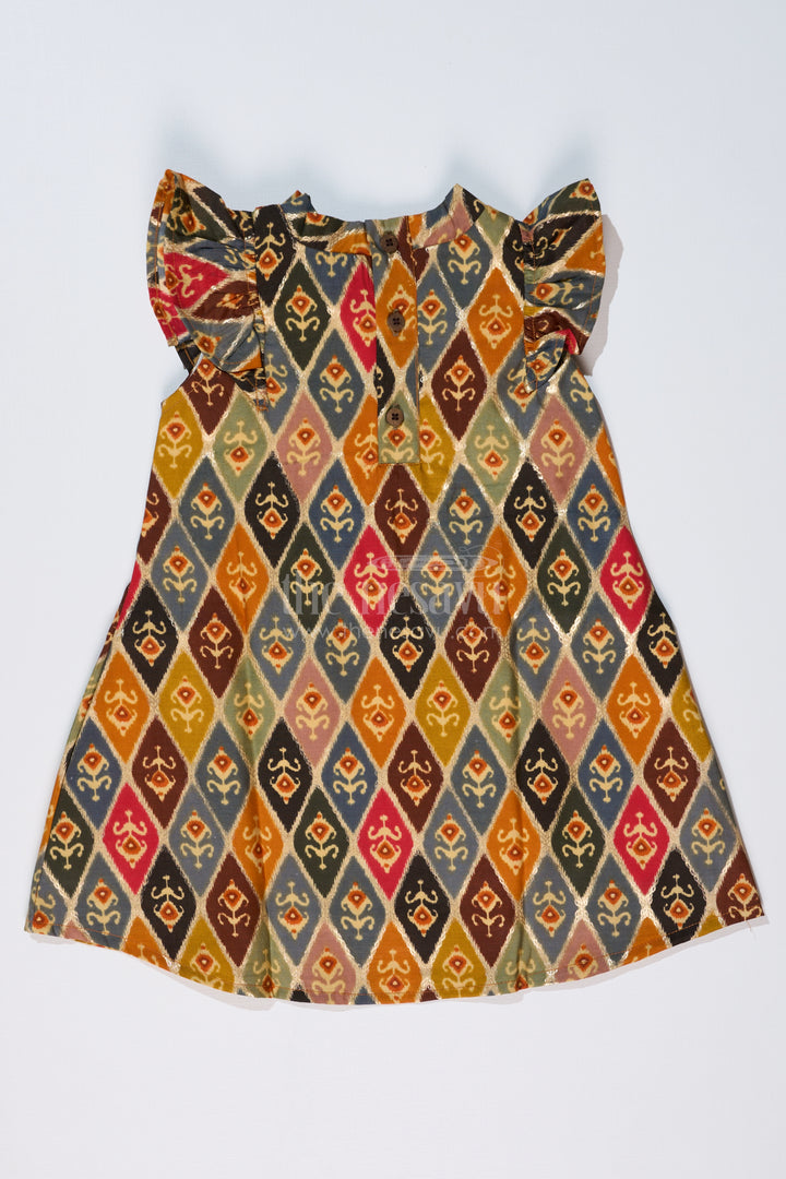 Girls Cotton Knee-Length Frock in Muslin Silk with Traditional Ikat Print