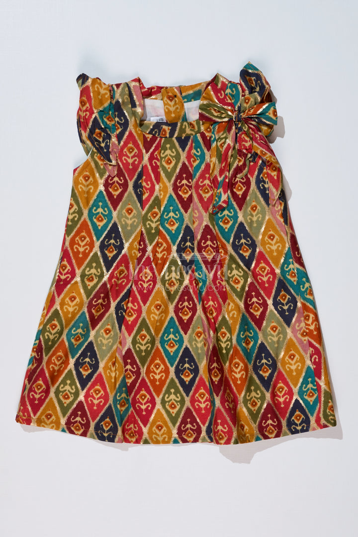 Girls Flower Frock in Muslin Silk with Traditional Ikat Print and Stylish Bow