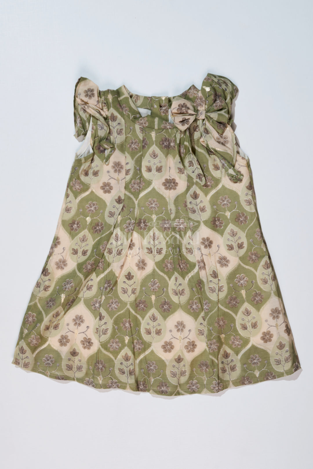 Girls Cotton Blend Dresses in Muslin Silk with Subtle Floral Print and Elegant Bow