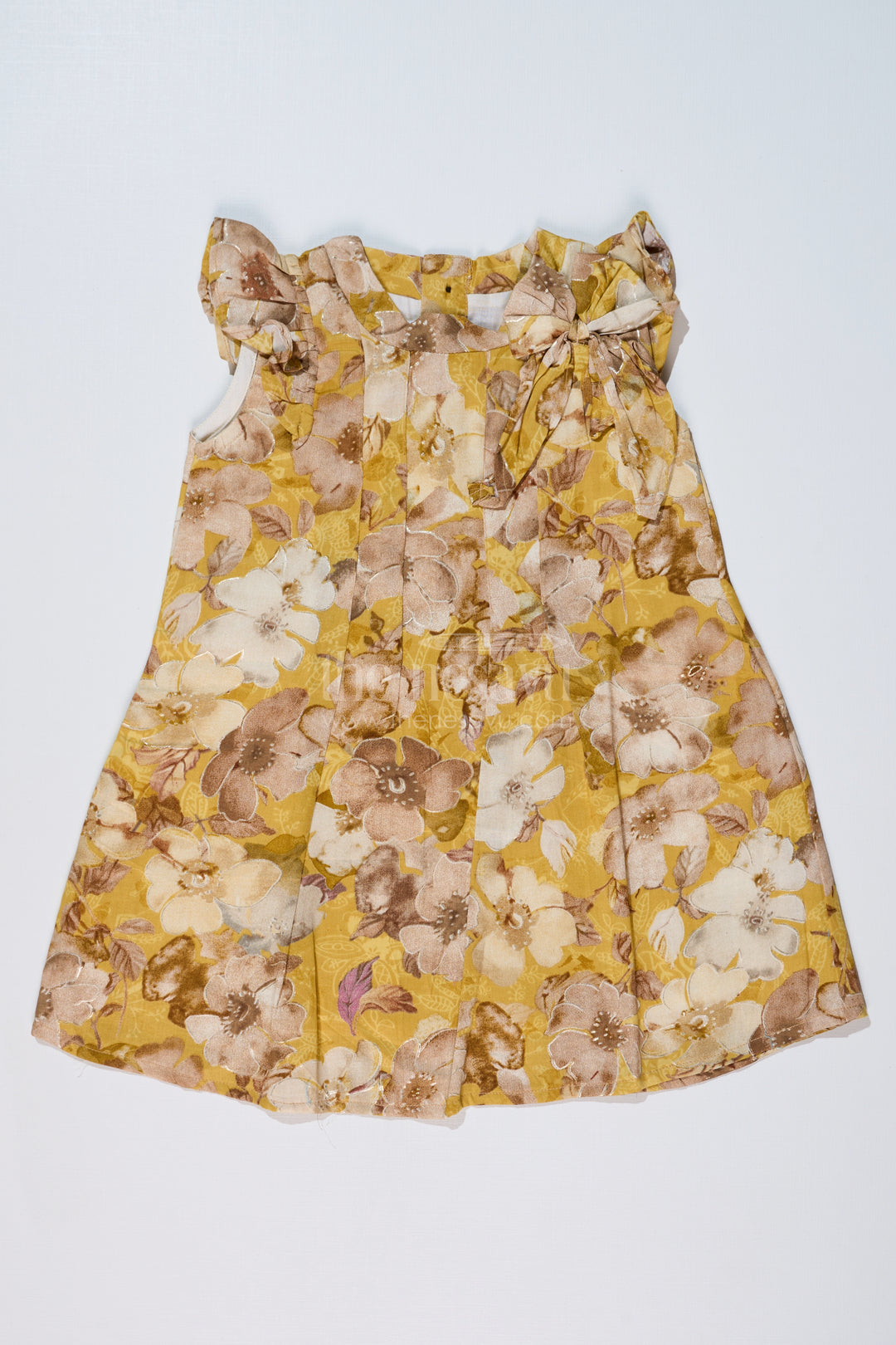 Girls Yellow Cotton Frock with Floral Prints and Elegant Pleats for Comfortable Everyday Wear