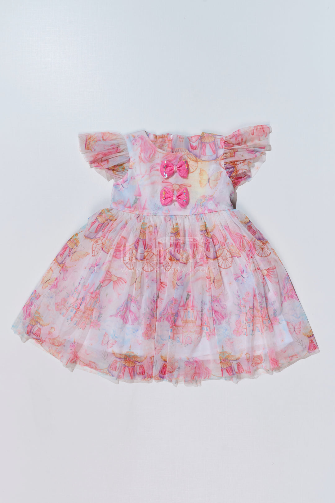 Girls Super Soft Net Digital Printed Frock for Birthday with Ruffled Sleeves and Bow Details