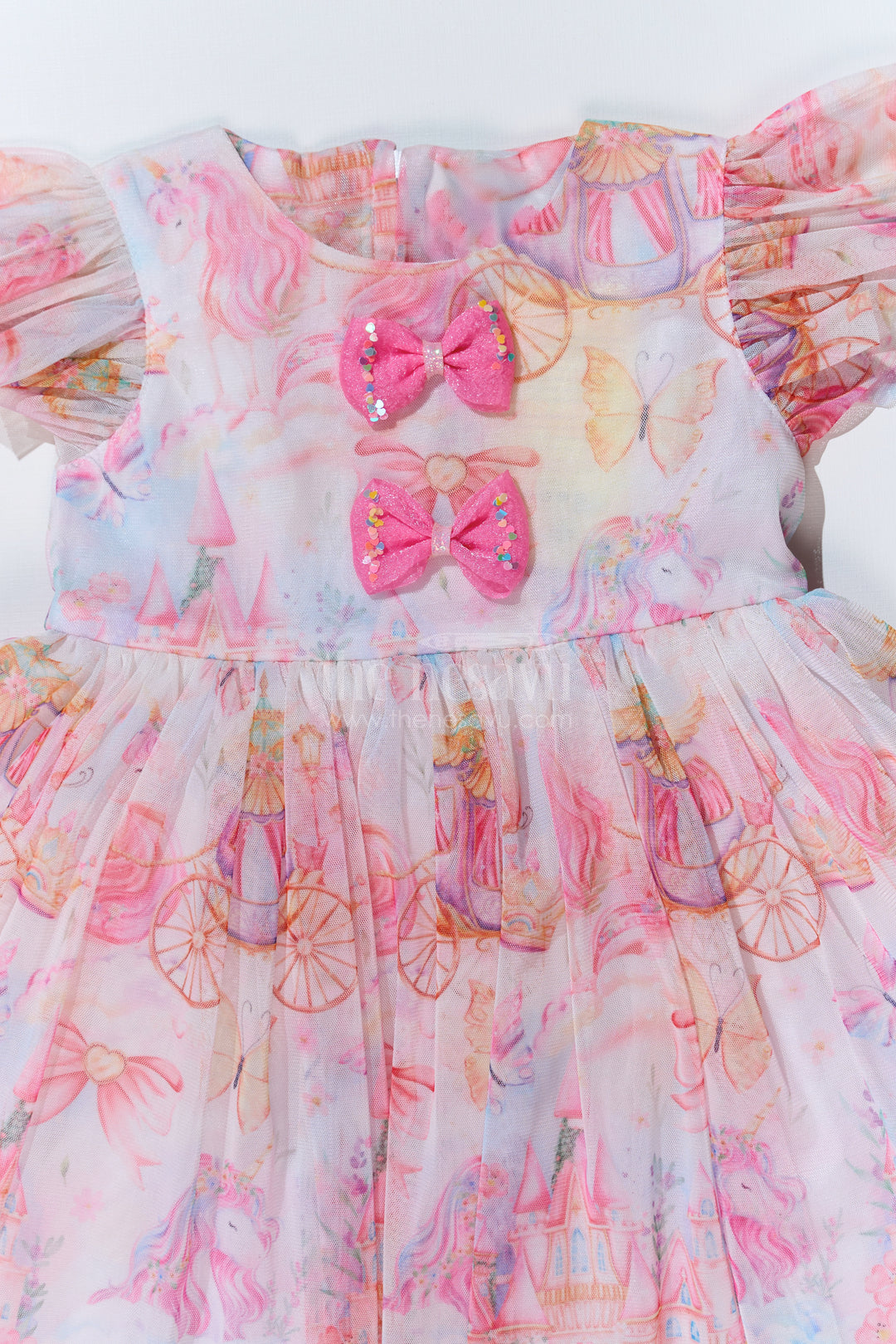 Girls Super Soft Net Digital Printed Frock for Birthday with Ruffled Sleeves and Bow Details