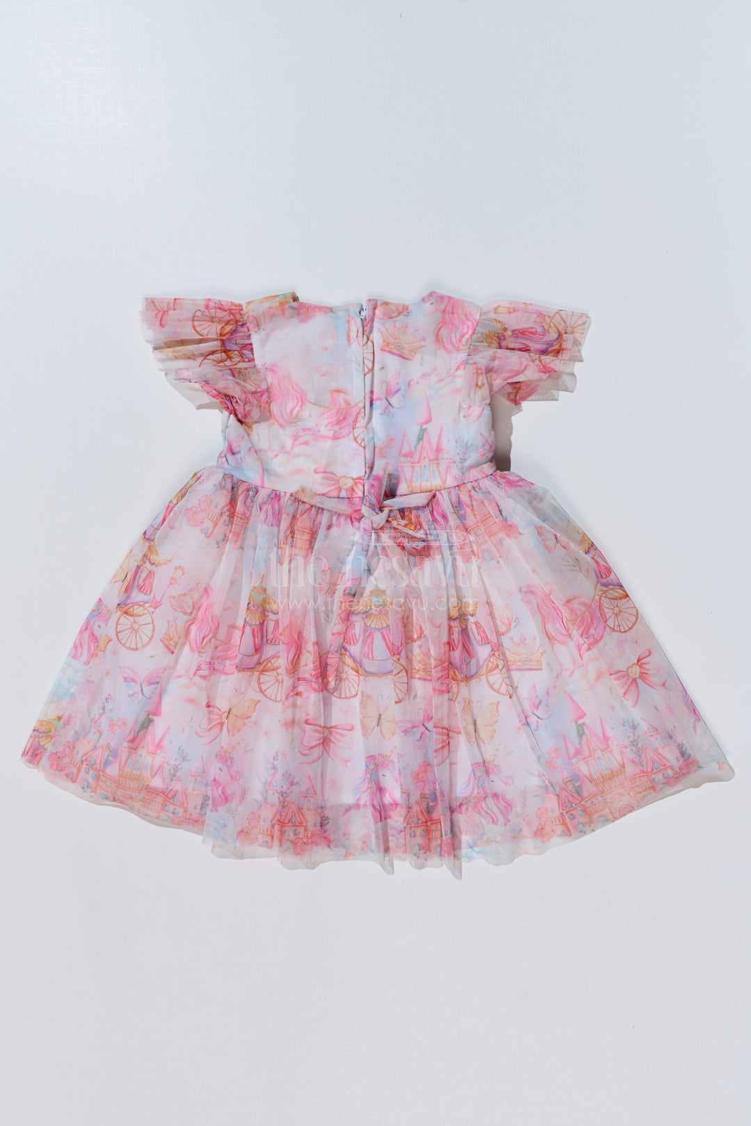 Girls Super Soft Net Digital Printed Frock for Birthday with Ruffled Sleeves and Bow Details