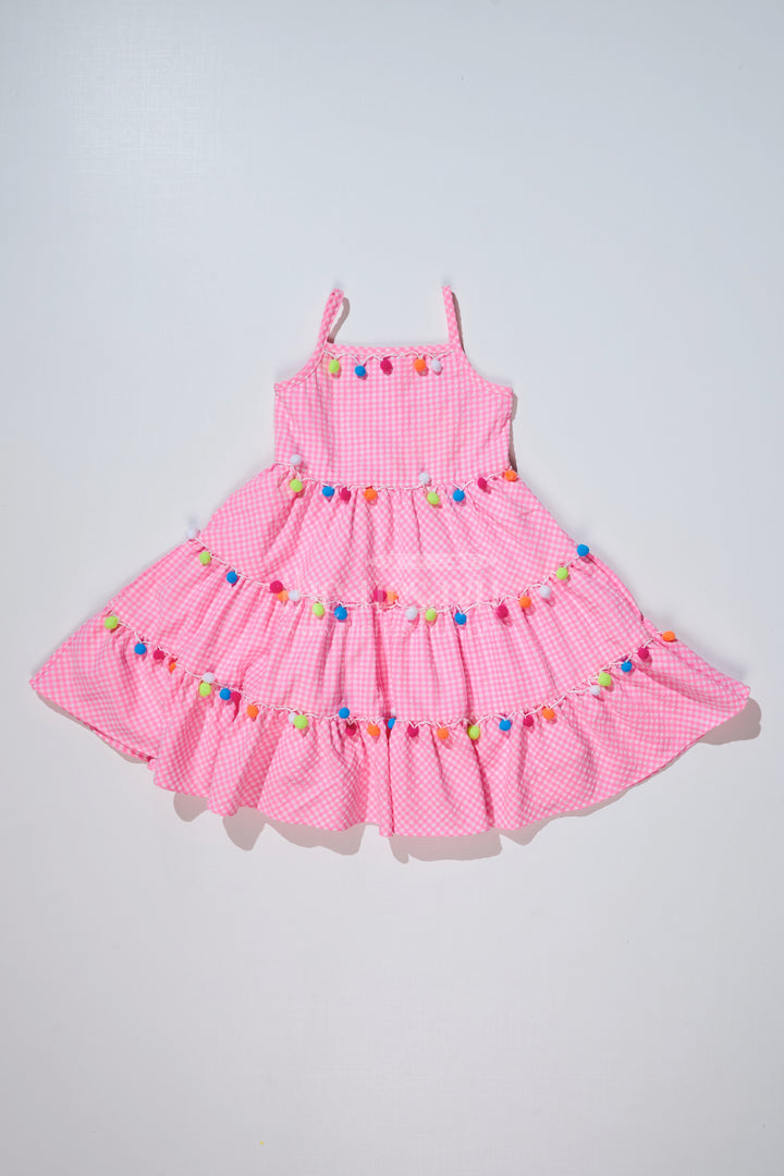 Girls Cotton Latest Frock with Pom Pom Detailing and Gingham Print for Stylish Everyday Wear