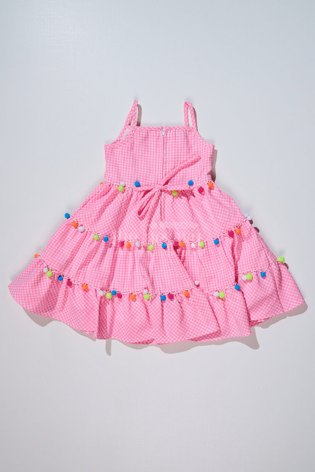 Girls Cotton Latest Frock with Pom Pom Detailing and Gingham Print for Stylish Everyday Wear