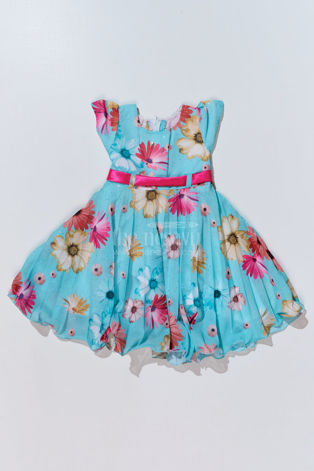 Georgette Floral Frocks for Girls with Ruffled Sleeves and Satin Waist Belt