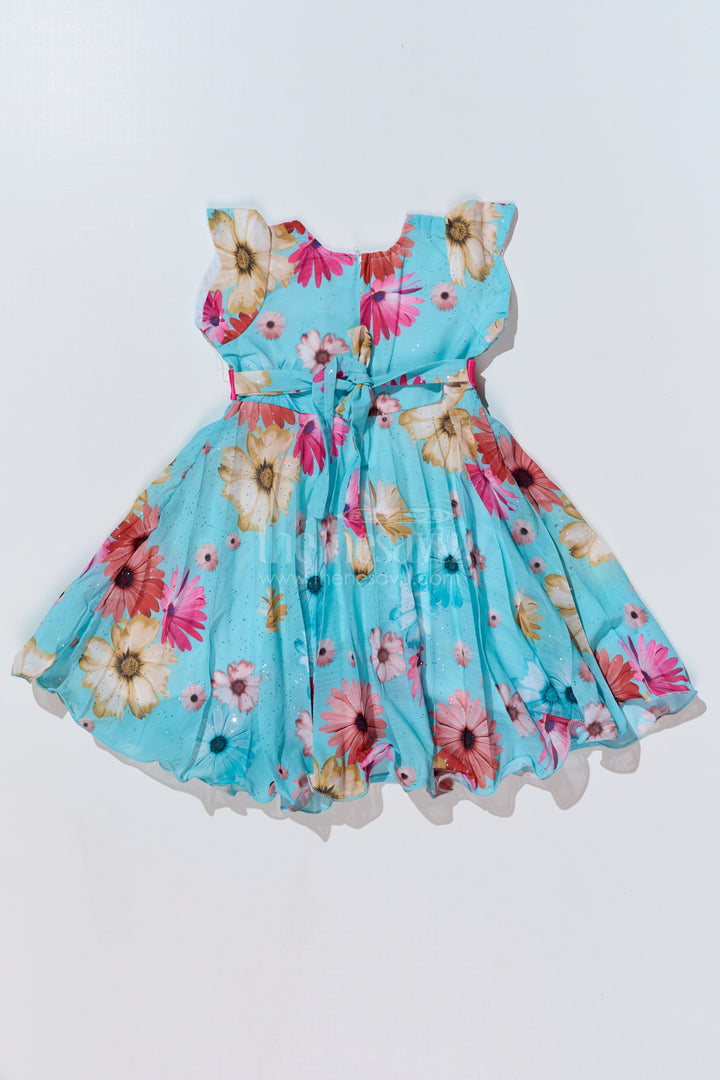 Georgette Floral Frocks for Girls with Ruffled Sleeves and Satin Waist Belt