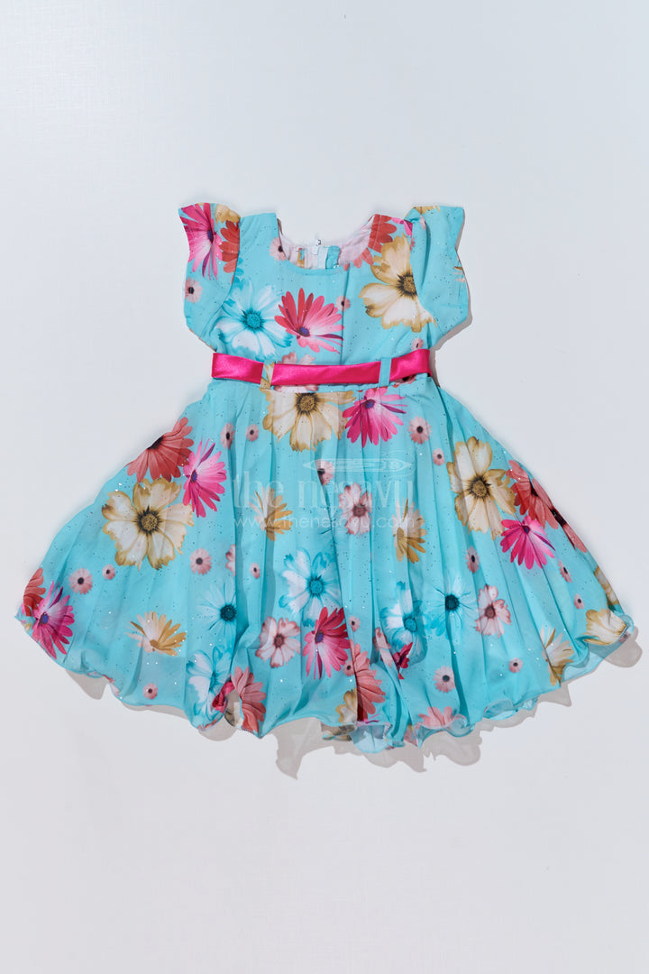 Georgette Floral Frocks for Girls with Ruffled Sleeves and Satin Waist Belt