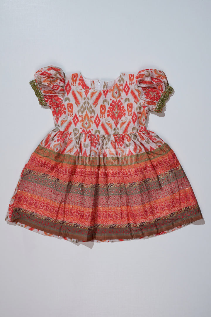 Orange Party Dress for Girls in Self Embroidery Fabric with Traditional Allover Digital Print