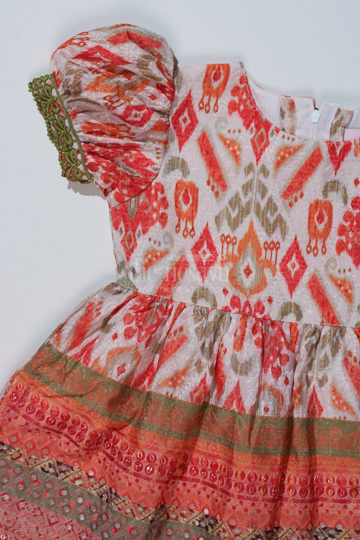 Orange Party Dress for Girls in Self Embroidery Fabric with Traditional Allover Digital Print