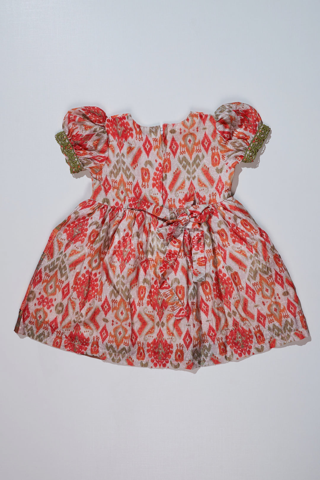 Orange Party Dress for Girls in Self Embroidery Fabric with Traditional Allover Digital Print