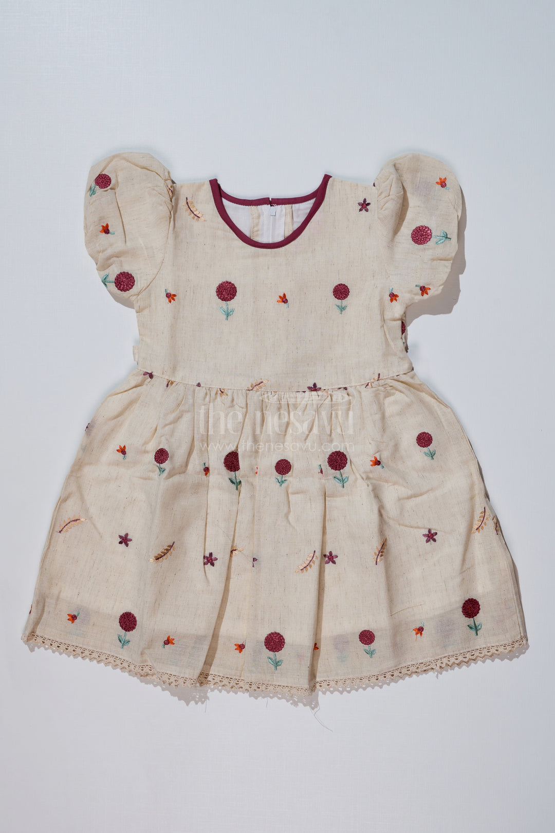 Fancy Birthday Dresses for Girls in Pure Cotton Flax with Floral Embroidery