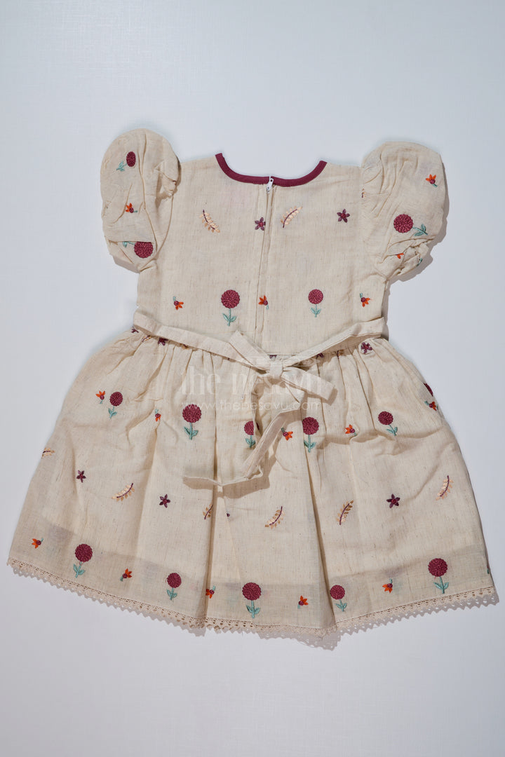 Fancy Birthday Dresses for Girls in Pure Cotton Flax with Floral Embroidery