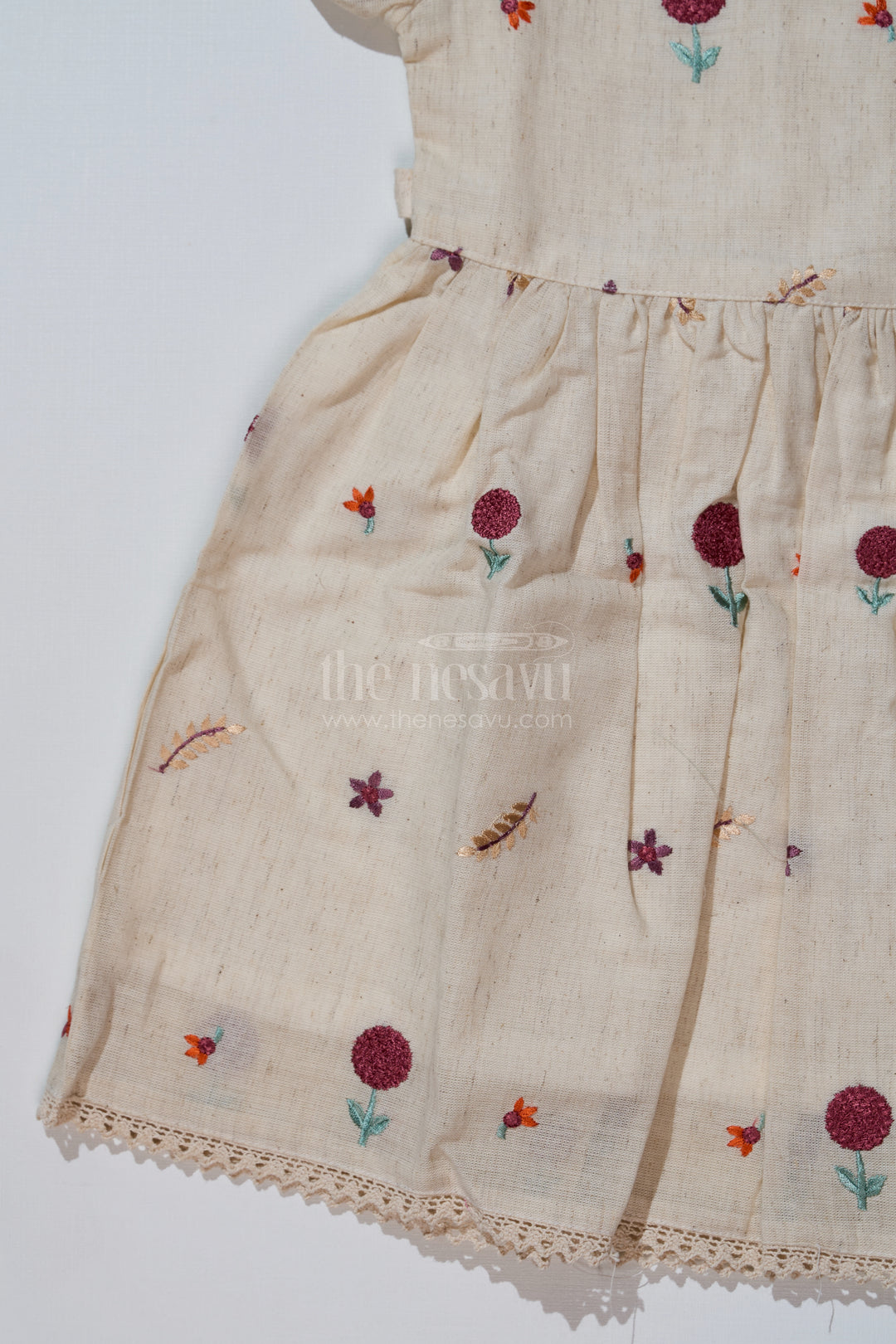 Fancy Birthday Dresses for Girls in Pure Cotton Flax with Floral Embroidery