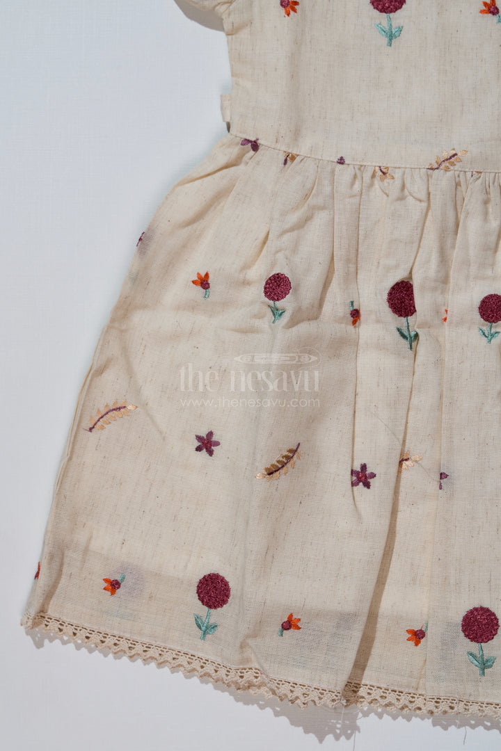 Fancy Birthday Dresses for Girls in Pure Cotton Flax with Floral Embroidery