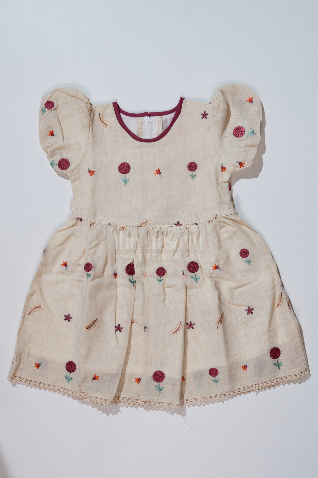 Fancy Birthday Dresses for Girls in Pure Cotton Flax with Floral Embroidery