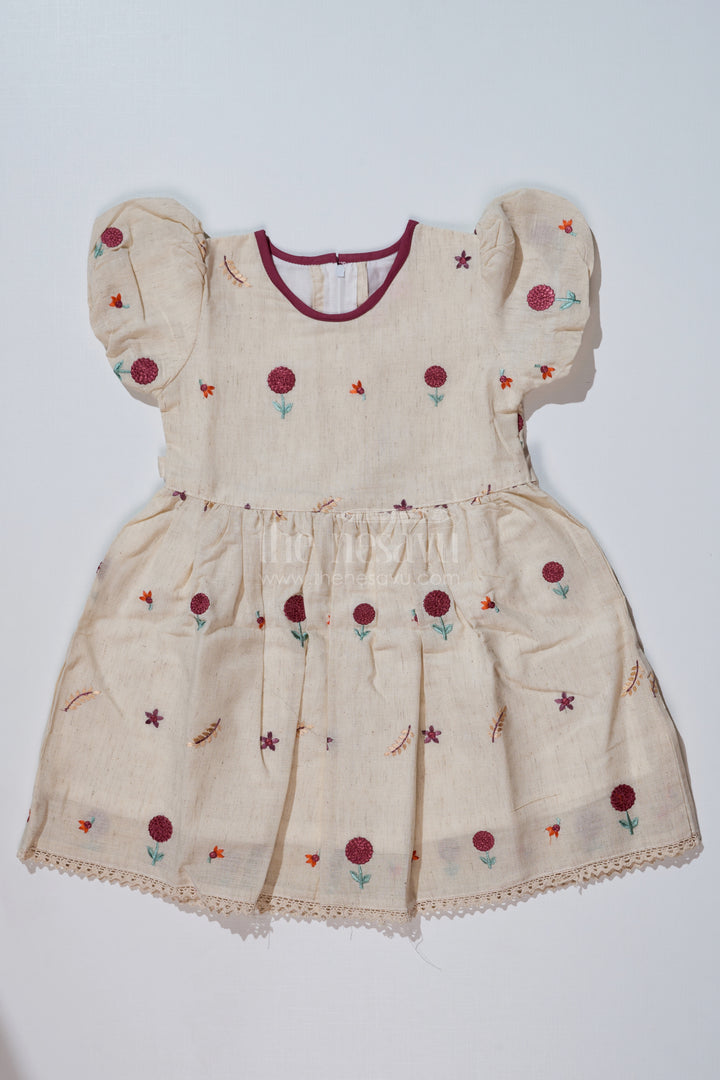 Fancy Birthday Dresses for Girls in Pure Cotton Flax with Floral Embroidery