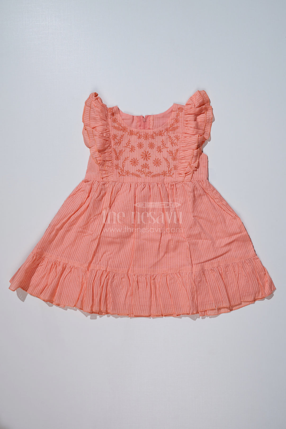 Simple Evening Dress for Girls in Cotton with Yoke Embroidery and Ruffled Hem