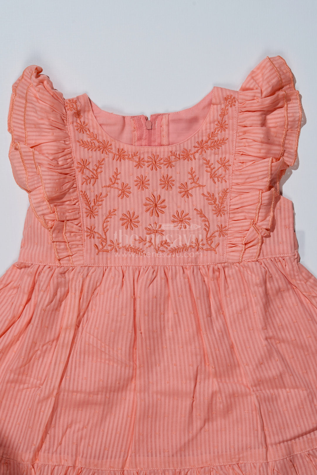 Simple Evening Dress for Girls in Cotton with Yoke Embroidery and Ruffled Hem