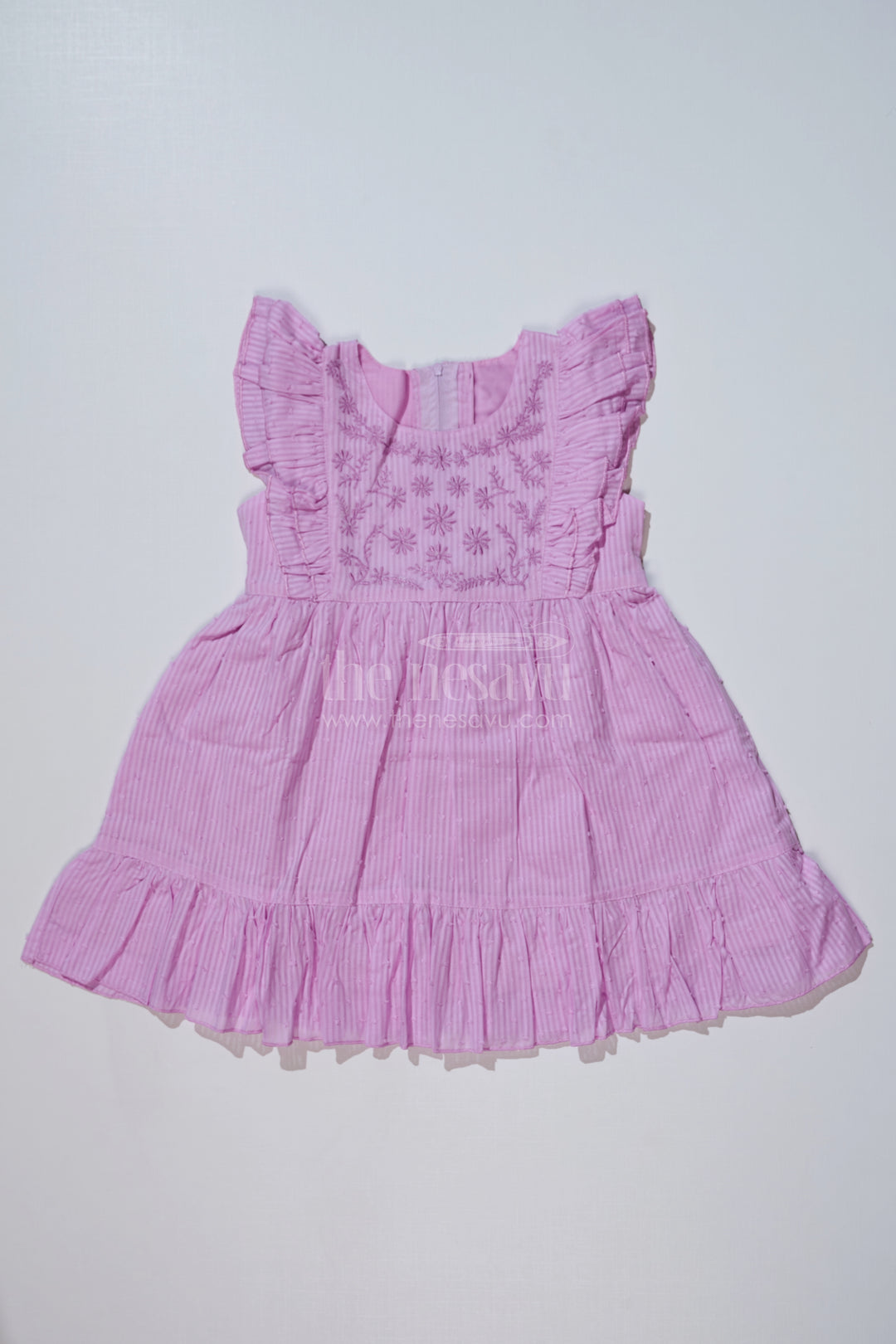 Simple Short Dress for Girls in Cotton with Yoke Embroidery and Ruffled Hem