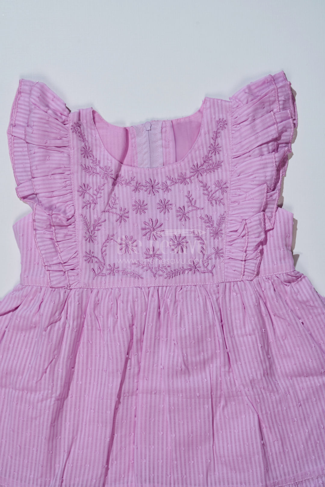 Simple Short Dress for Girls in Cotton with Yoke Embroidery and Ruffled Hem