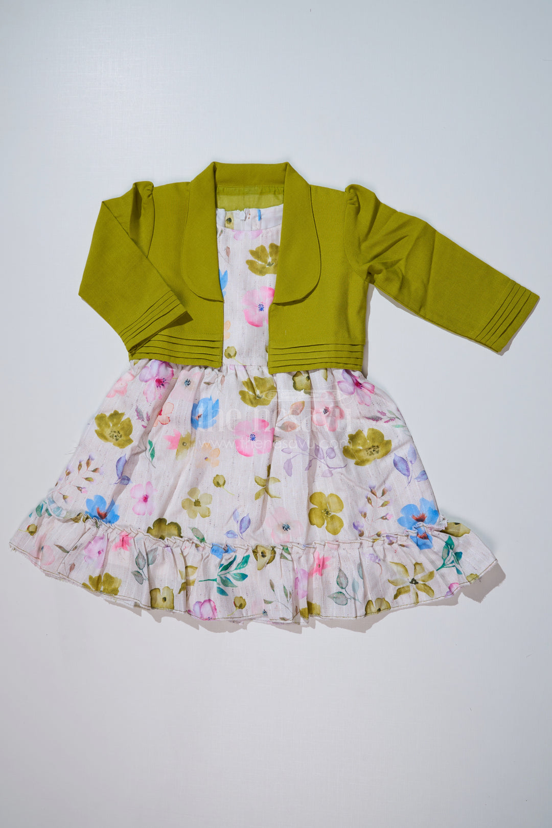 Girls Matching Dress and Coat Sets in Floral Digital Print with Stylish Green Blazer