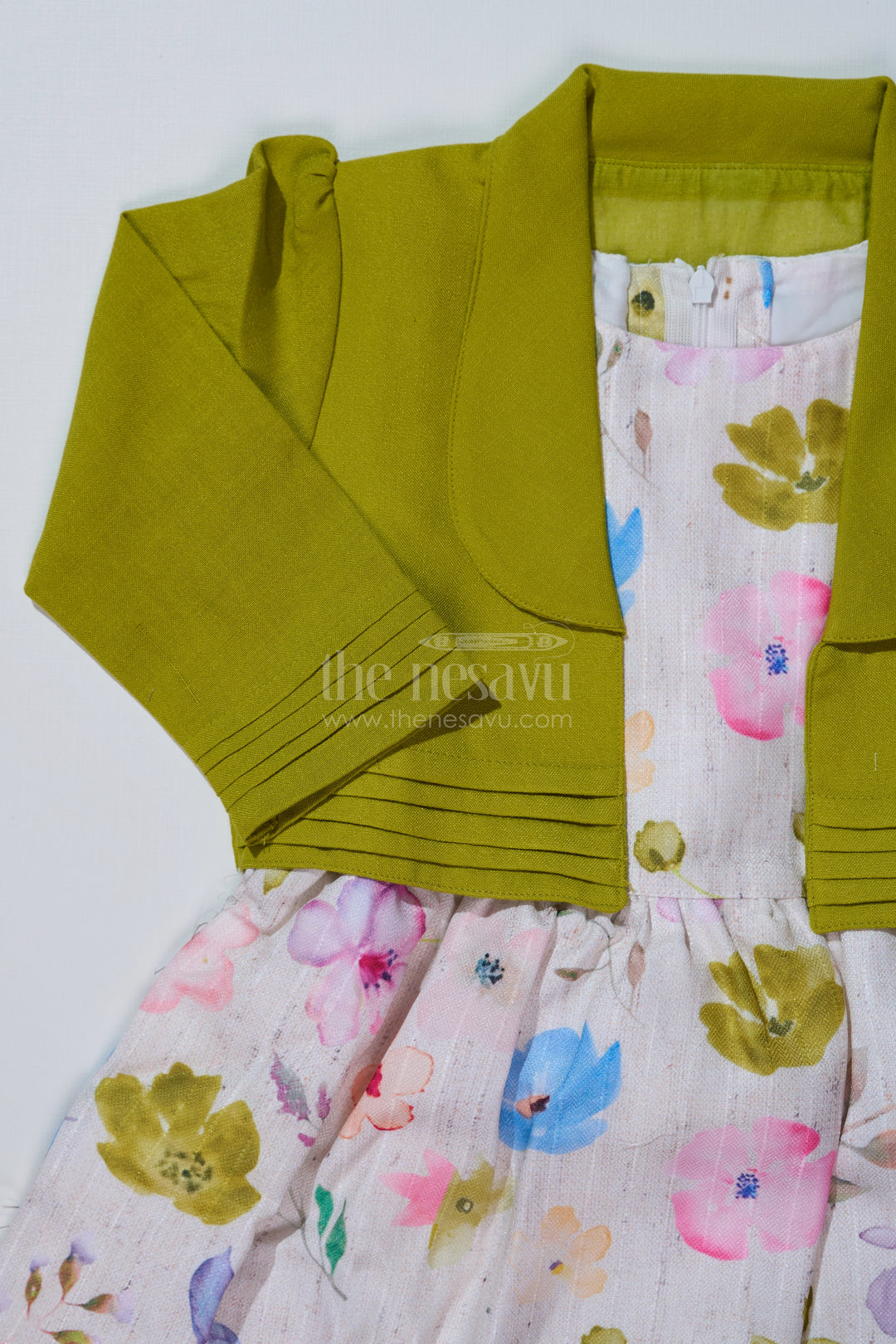 Girls Matching Dress and Coat Sets in Floral Digital Print with Stylish Green Blazer