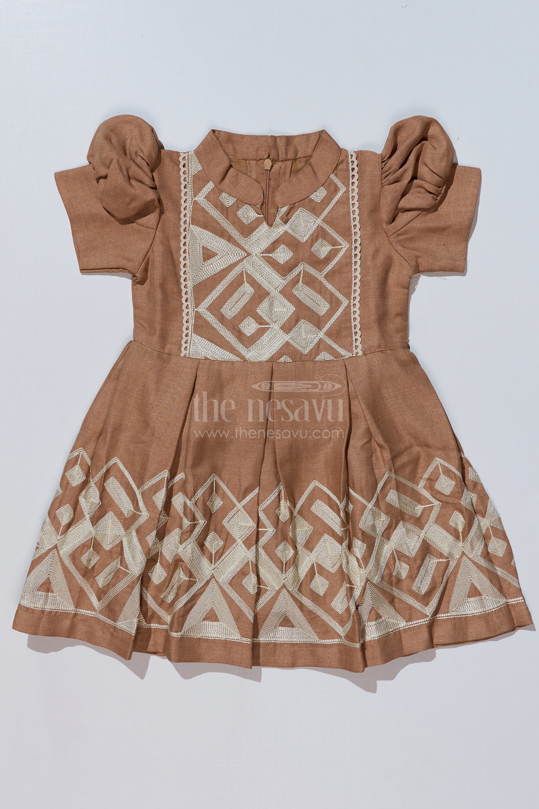 Girls Brown Frock with Golden Embroidery and Pleated Flair for Special Occasions