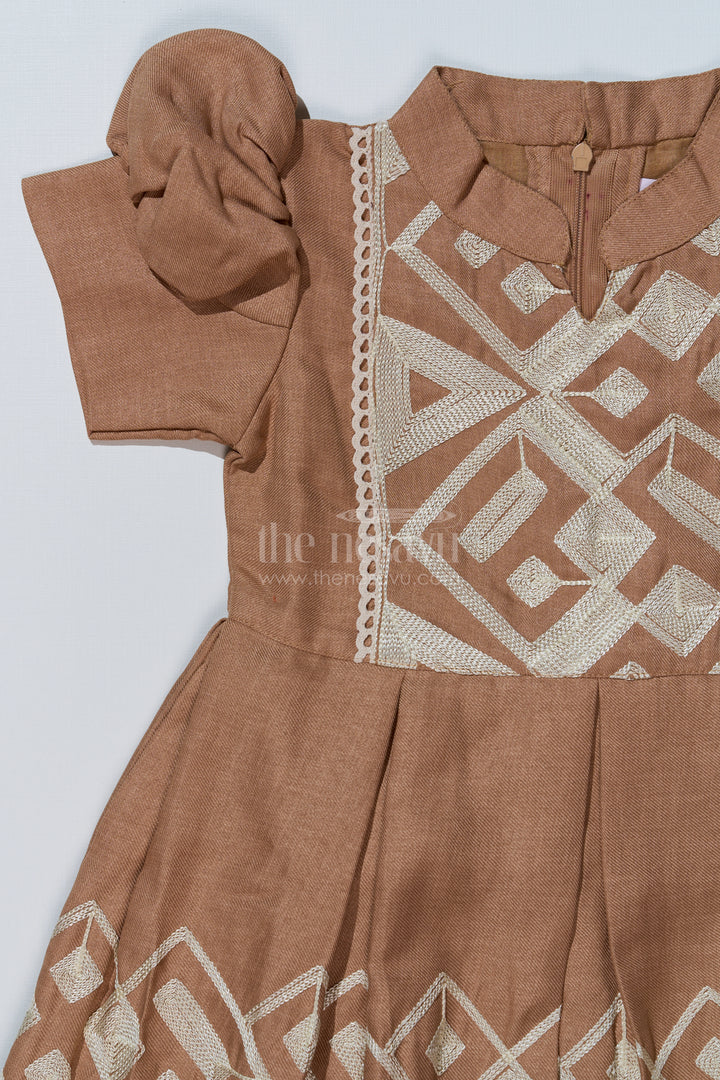 Girls Brown Frock with Golden Embroidery and Pleated Flair for Special Occasions