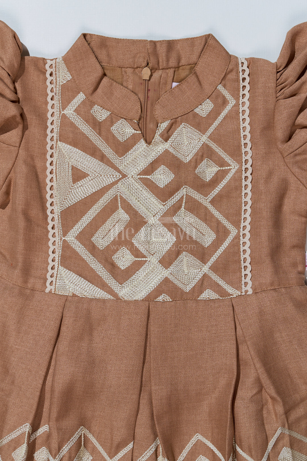 Girls Brown Frock with Golden Embroidery and Pleated Flair for Special Occasions