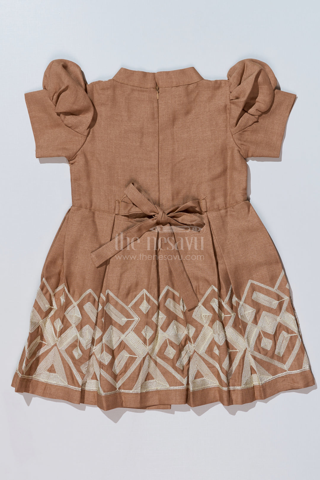 Girls Brown Frock with Golden Embroidery and Pleated Flair for Special Occasions