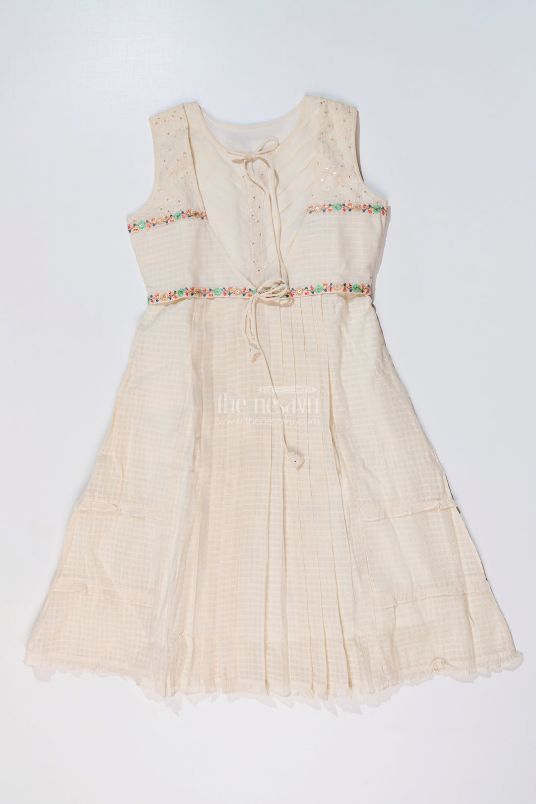 Girls White Lace Frock with Delicate Embroidery and Pleated Skirt for a Timeless Look