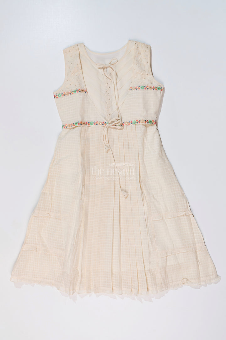 Girls White Lace Frock with Delicate Embroidery and Pleated Skirt for a Timeless Look