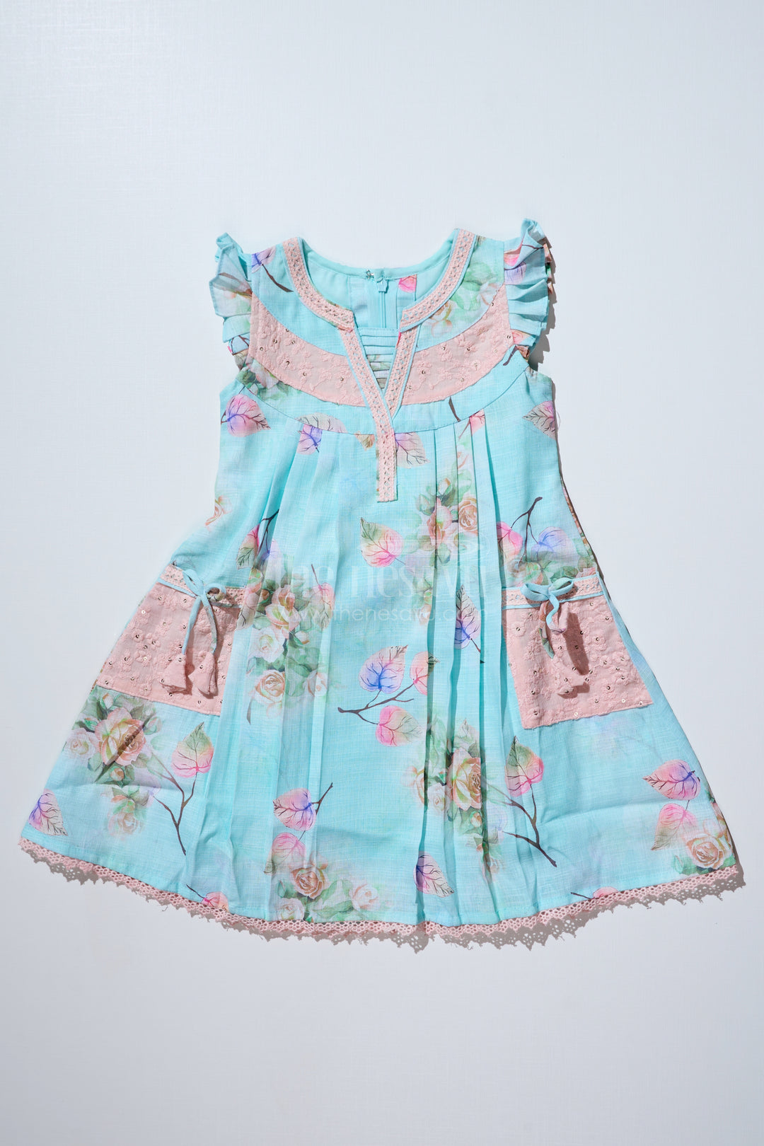 Girls Princess Cut Frock in Cotton Blend with Floral Print and Lace Pockets