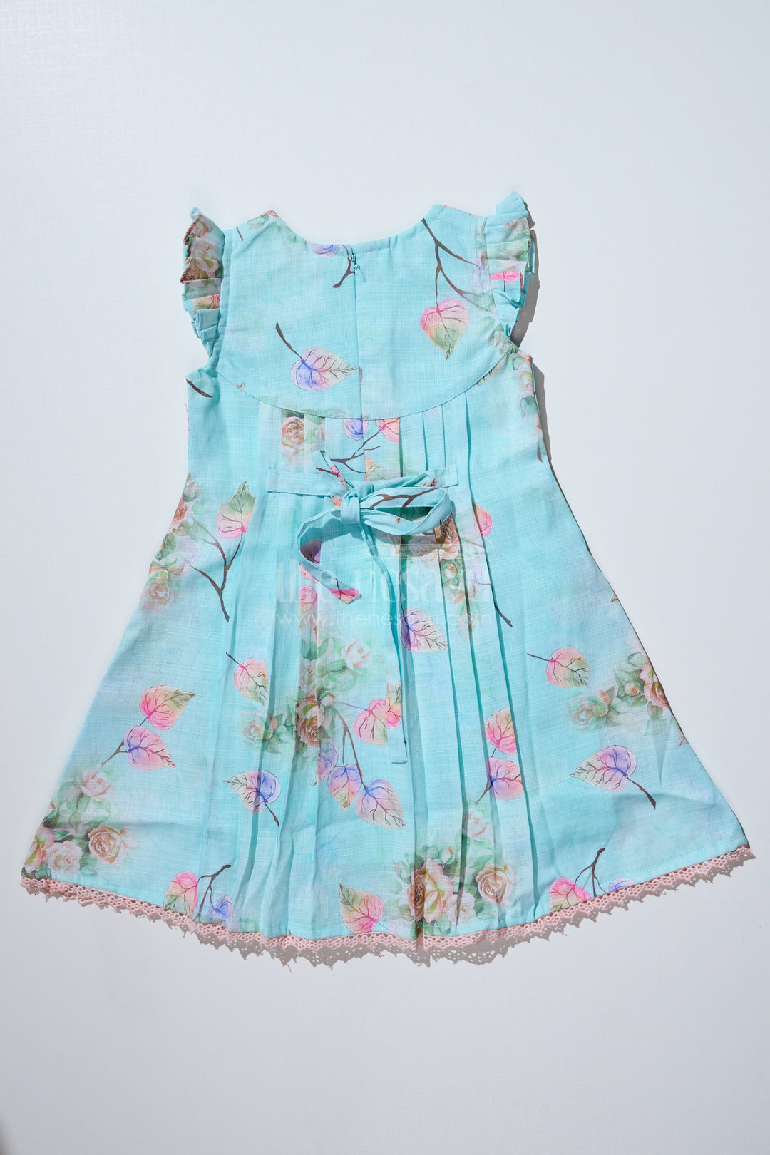 Girls Princess Cut Frock in Cotton Blend with Floral Print and Lace Pockets