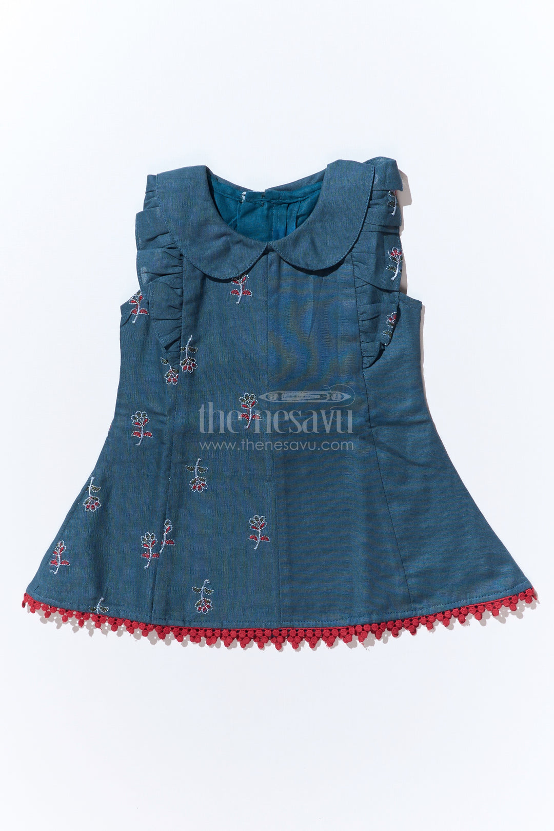 Girls Dark Green Frock in Cotton with Embroidered Floral Motifs and Peter Pan Collar