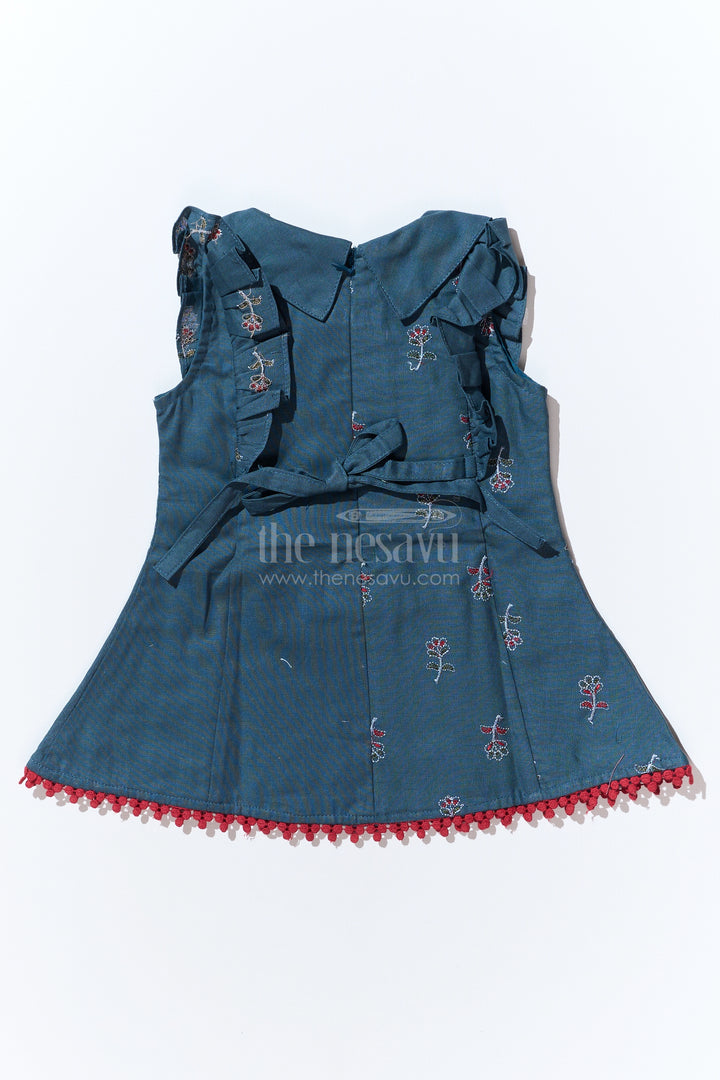 Girls Dark Green Frock in Cotton with Embroidered Floral Motifs and Peter Pan Collar