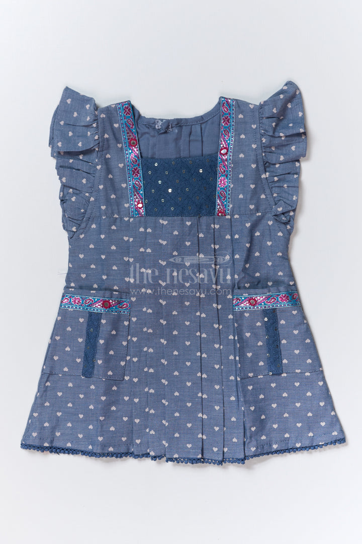 Girls Blue Colour Party Frock in Cotton with Heart Prints and Decorative Lace Work