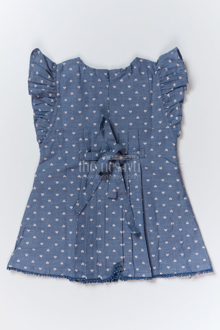 Girls Blue Colour Party Frock in Cotton with Heart Prints and Decorative Lace Work