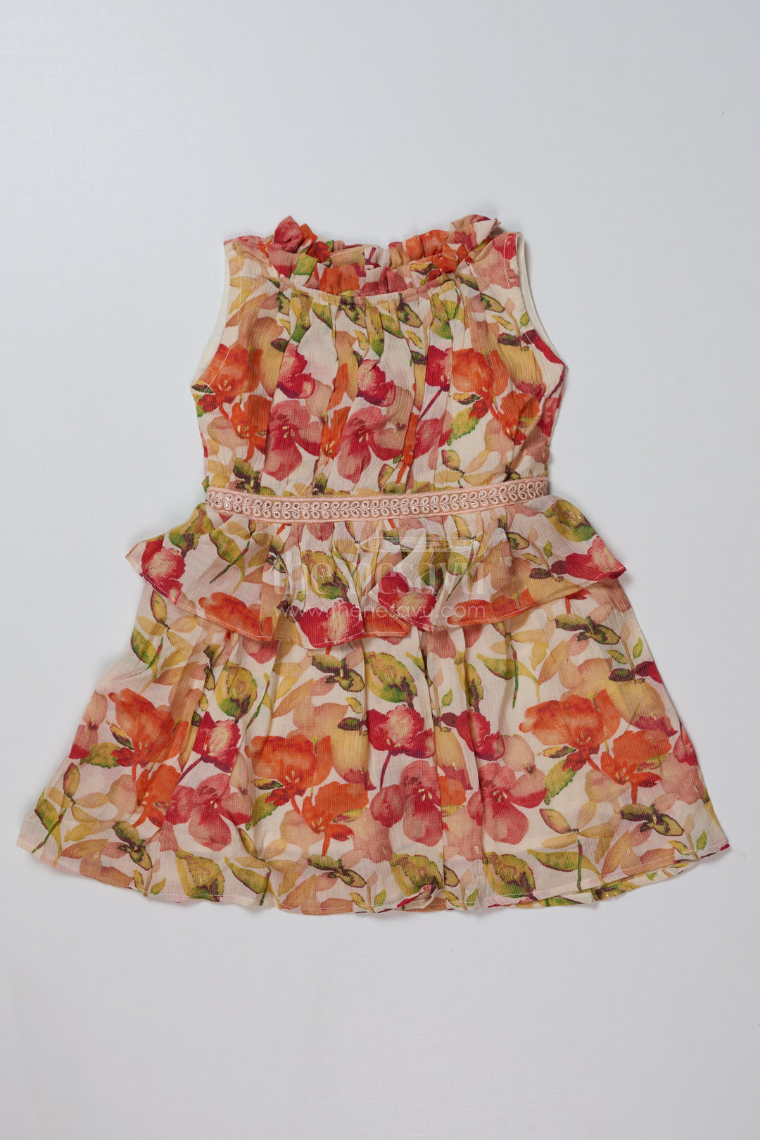 Girls Small Frock in Chiffon Cotton Blend with Vibrant Floral Print and Layered Ruffle Design