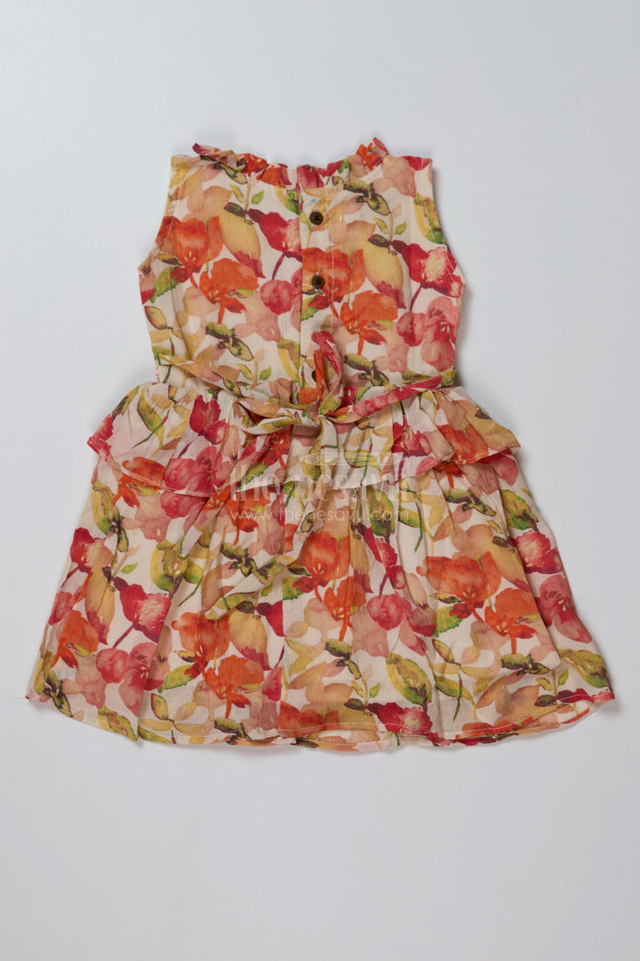 Girls Small Frock in Chiffon Cotton Blend with Vibrant Floral Print and Layered Ruffle Design