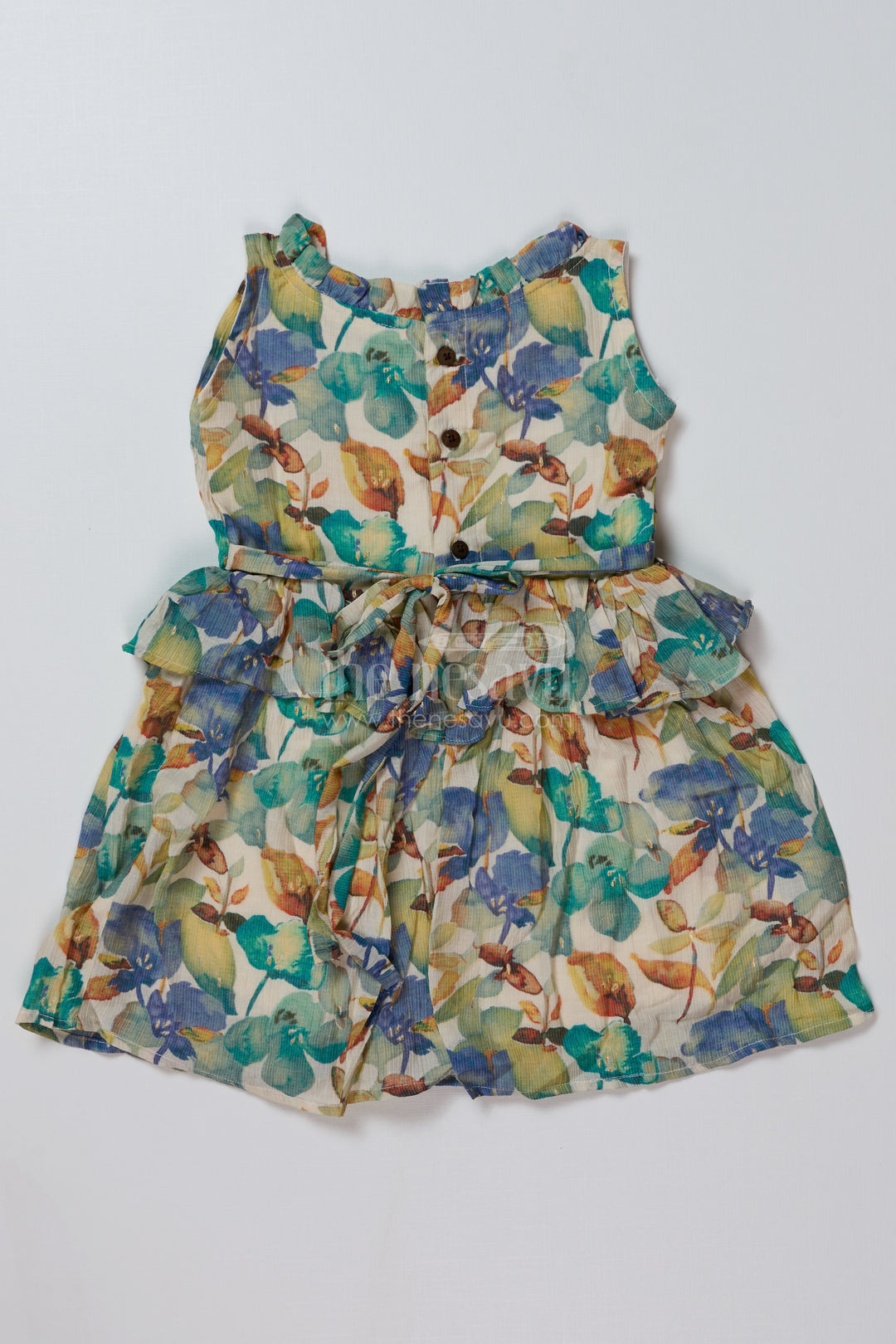 Girls Western Frock Dress in Chiffon Cotton Blend with Floral Prints and Ruffled Waist