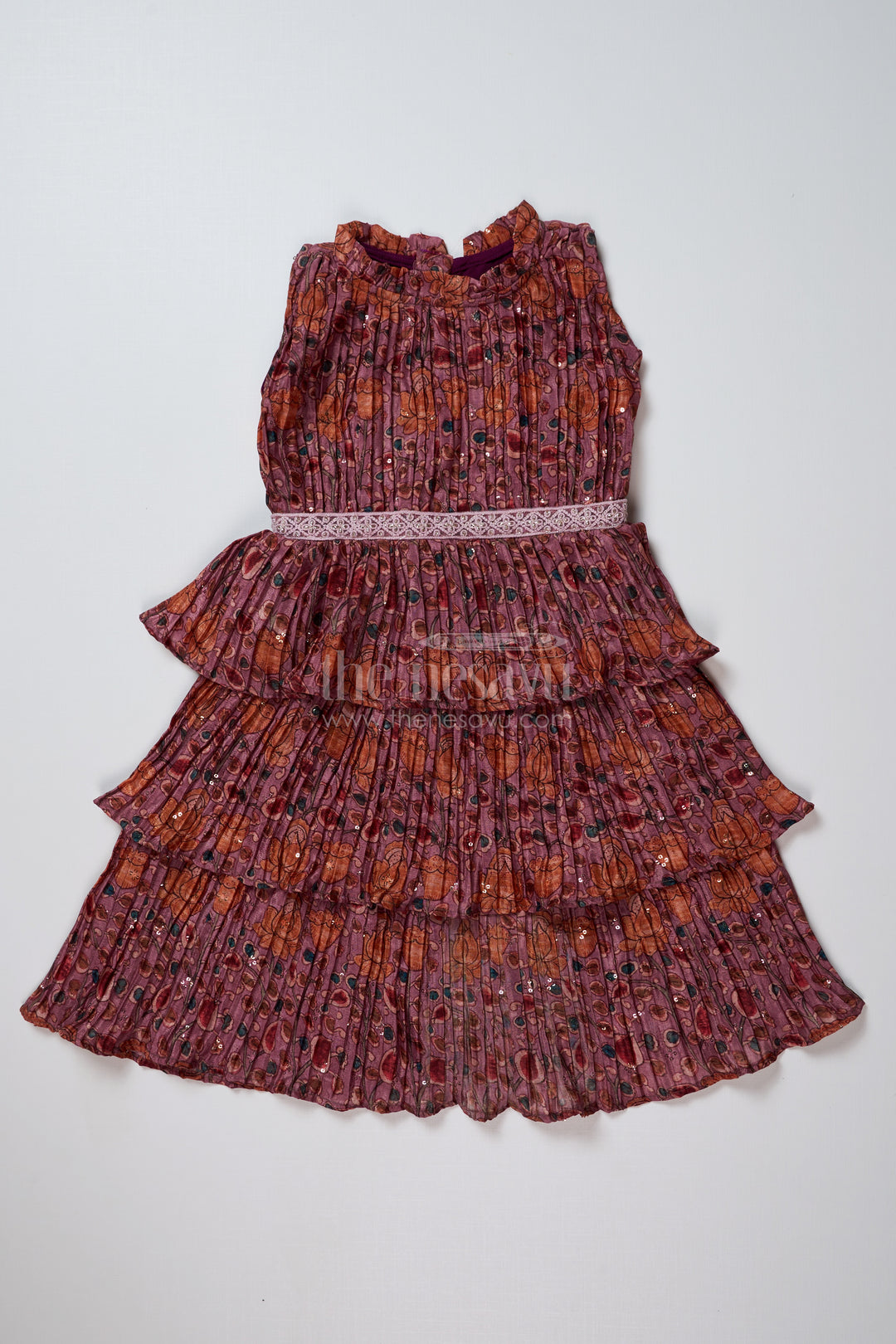 Graceful Ethnic Frock Dress for Girls with Chinon Silk Pleated Layers and Festive Print