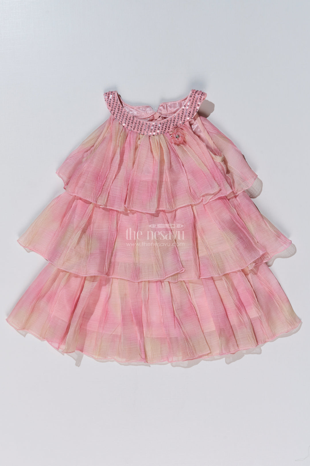 Graceful Pink Long Frock for Girls with Ruffled Layers and Sequin Embellishments