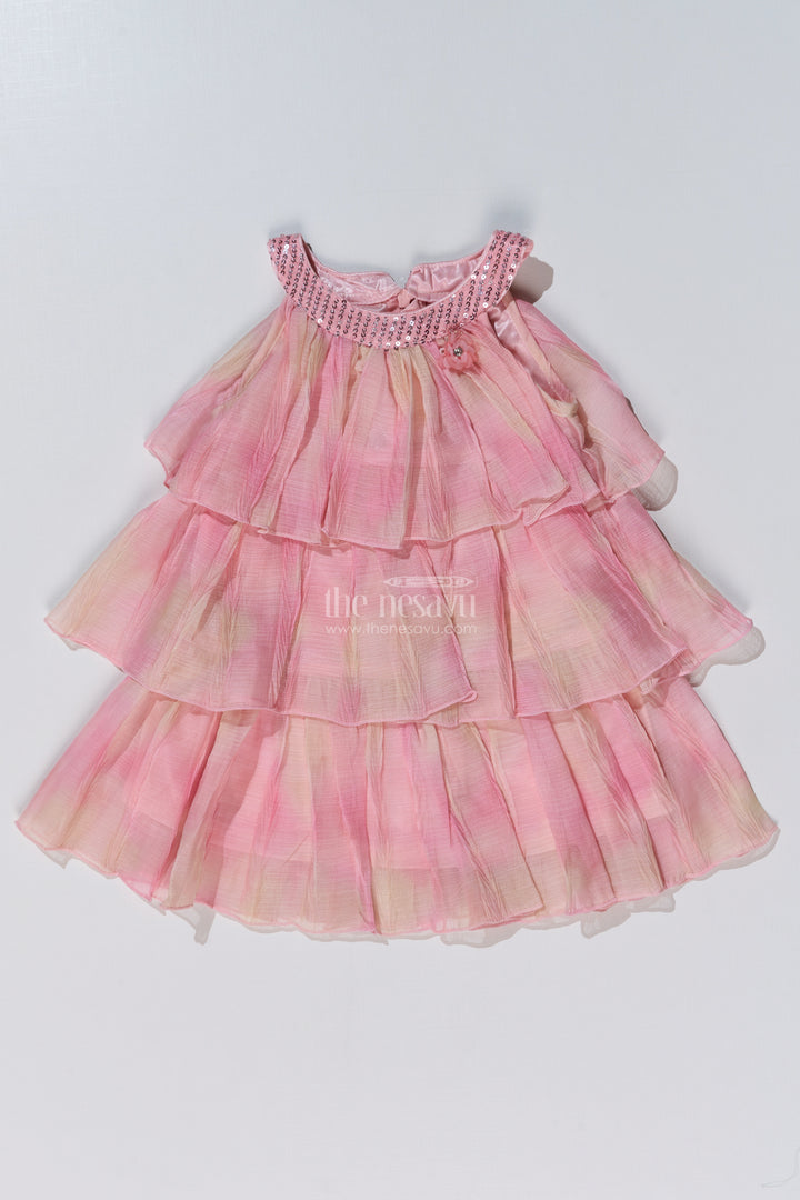 Graceful Pink Long Frock for Girls with Ruffled Layers and Sequin Embellishments