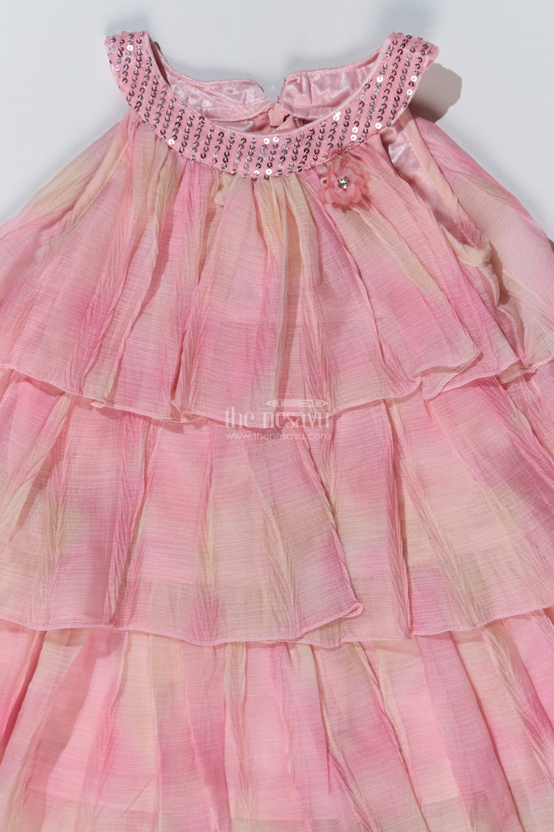 Graceful Pink Long Frock for Girls with Ruffled Layers and Sequin Embellishments