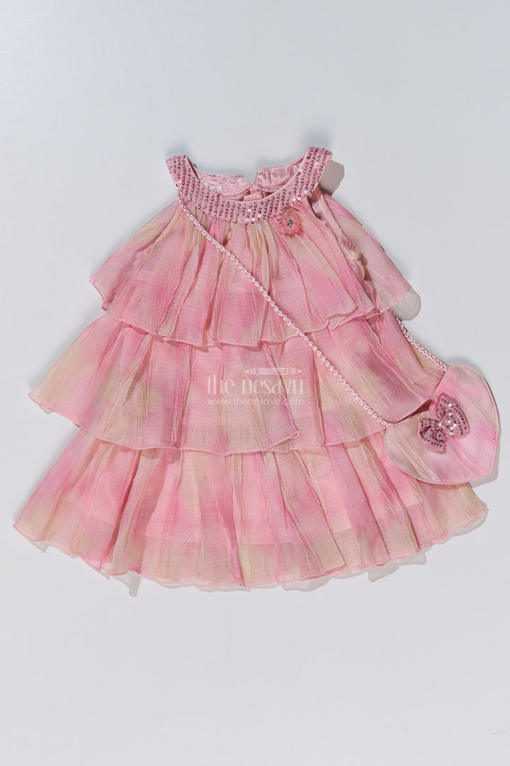 Graceful Pink Long Frock for Girls with Ruffled Layers and Sequin Embellishments